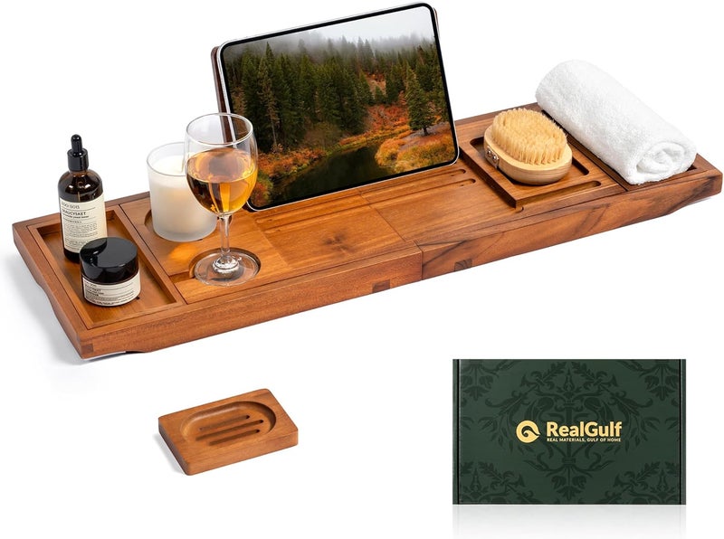 Realgulf Teak Bathtub Tray, Bath Caddy with Wine Glass Holder, Phone Dock & Book Stand | Hands-Free Reading & Ultimate Spa Relaxation Experience-Natural - Image 1